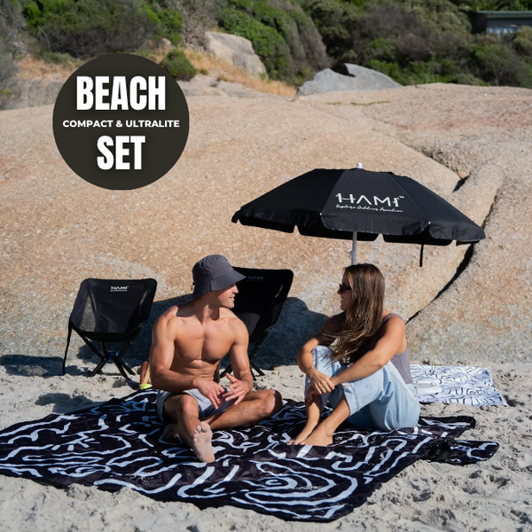 HAMI Beach Set (black): Sand-Free Towel, Eco Blanket Combo, Umbrella & Portable chair