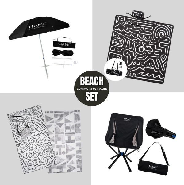 HAMI Beach Set (black): Sand-Free Towel, Eco Blanket Combo, Umbrella & Portable chair